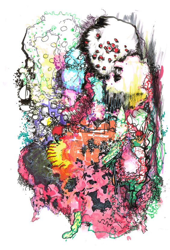Untitled ink, markers, watercolour on paper, sketchbook style drawing with expressive ink lines, distorted figures, overlapping shapes, colours and experimental forms.