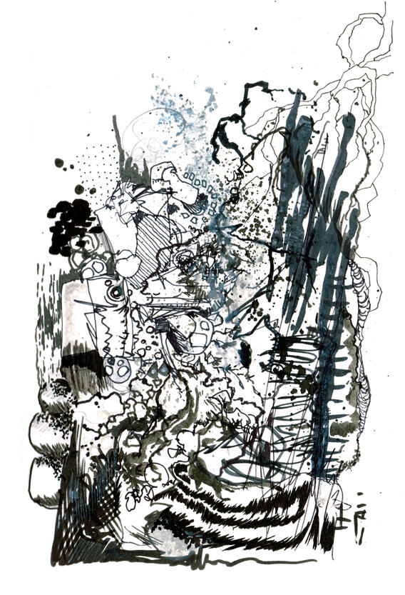 Untitled ink, markers, watercolour on paper, sketchbook style drawing with expressive ink lines, distorted figures, overlapping shapes, colours and experimental forms.