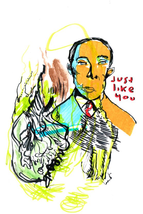 Untitled ink, markers, watercolour on paper, sketchbook style drawing with expressive ink lines, distorted figures, overlapping shapes, colours and experimental forms.
