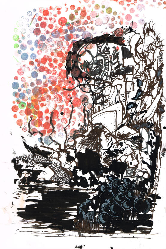 Untitled ink, markers, watercolour on paper, sketchbook style drawing with expressive ink lines, distorted figures, overlapping shapes, colours and experimental forms.