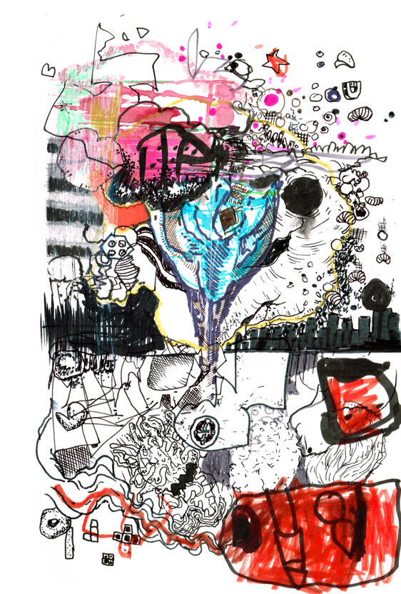 Untitled ink, markers, watercolour on paper, sketchbook style drawing with expressive ink lines, distorted figures, overlapping shapes, colours and experimental forms.