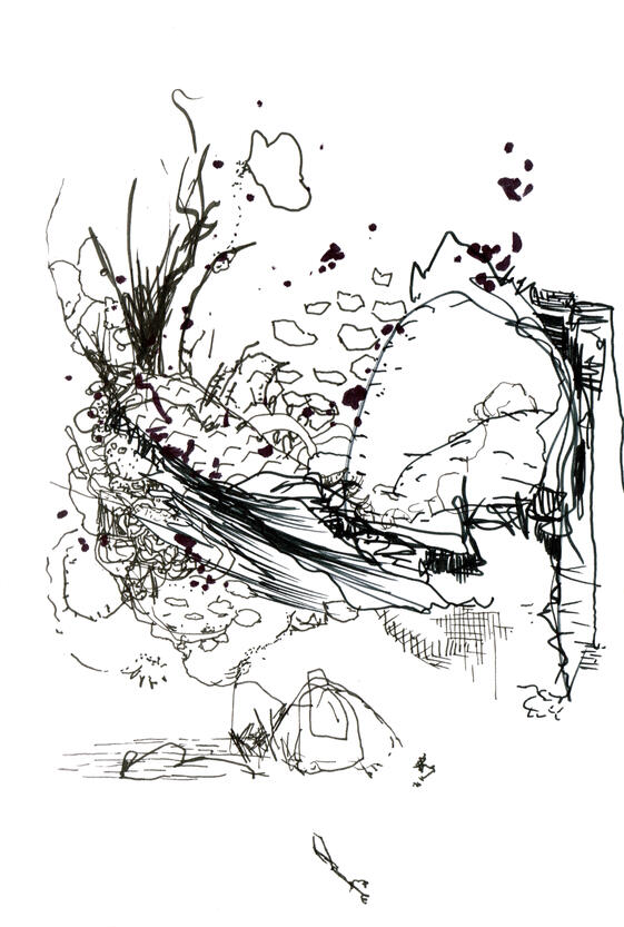 Untitled ink, markers, watercolour on paper, sketchbook style drawing with expressive ink lines, distorted figures, overlapping shapes, colours and experimental forms.