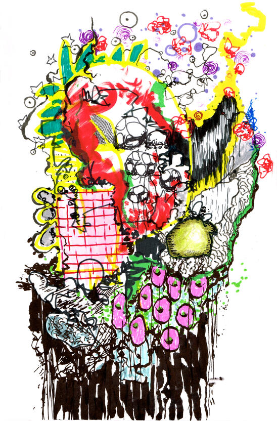 Untitled ink, markers, watercolour on paper, sketchbook style drawing with expressive ink lines, distorted figures, overlapping shapes, colours and experimental forms.