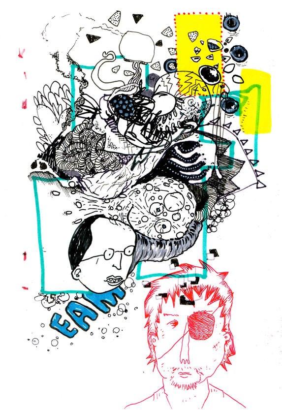 Untitled ink, markers, watercolour on paper, sketchbook style drawing with expressive ink lines, distorted figures, overlapping shapes, colours and experimental forms.