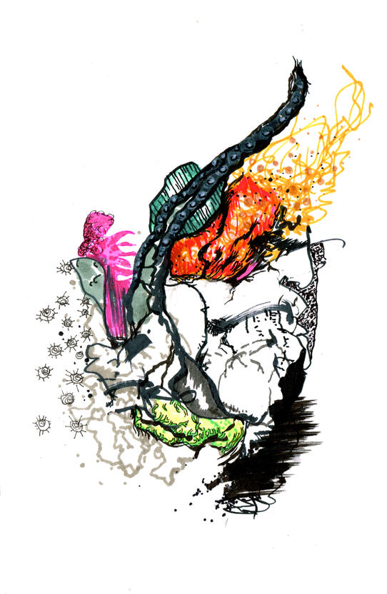 Untitled ink, markers, watercolour on paper, sketchbook style drawing with expressive ink lines, distorted figures, overlapping shapes, colours and experimental forms.