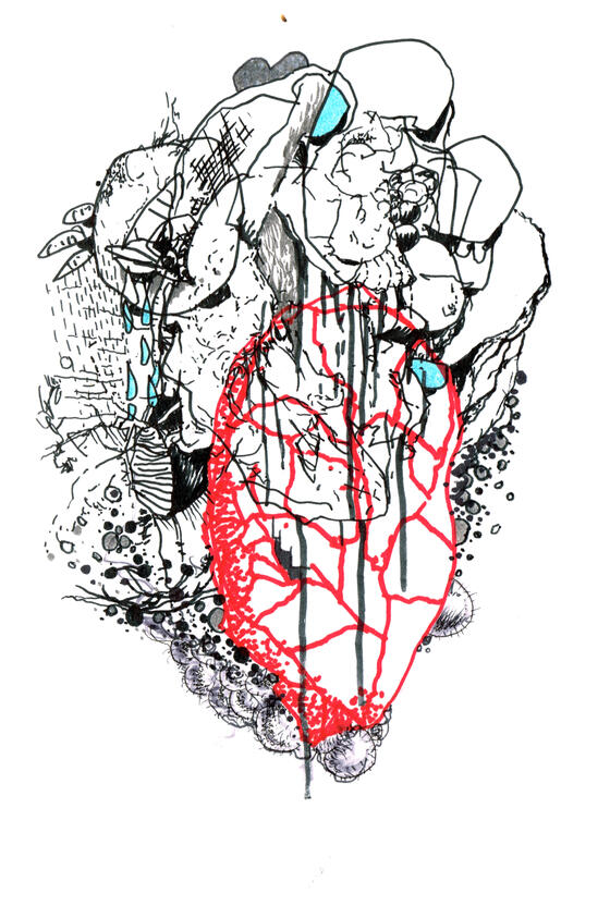 Untitled ink, markers, watercolour on paper, sketchbook style drawing with expressive ink lines, distorted figures, overlapping shapes, colours and experimental forms.