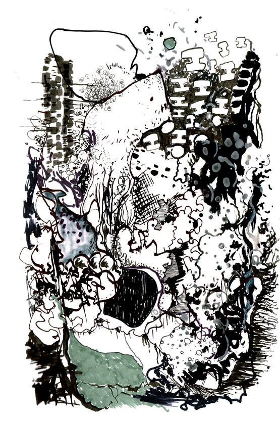 Untitled ink, markers, watercolour on paper, sketchbook style drawing with expressive ink lines, distorted figures, overlapping shapes, colours and experimental forms.