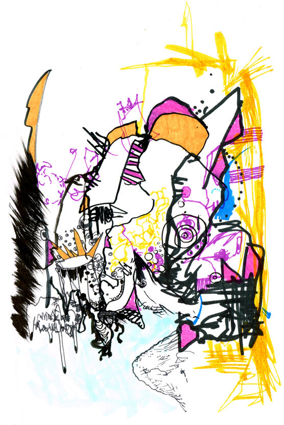 Untitled ink, markers, watercolour on paper, sketchbook style drawing with expressive ink lines, distorted figures, overlapping shapes, colours and experimental forms.