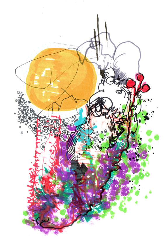 Untitled ink, markers, watercolour on paper, sketchbook style drawing with expressive ink lines, distorted figures, overlapping shapes, colours and experimental forms.