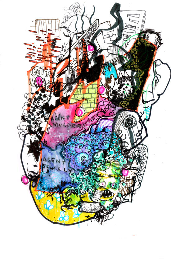 Untitled ink, markers, watercolour on paper, sketchbook style drawing with expressive ink lines, distorted figures, overlapping shapes, colours and experimental forms.