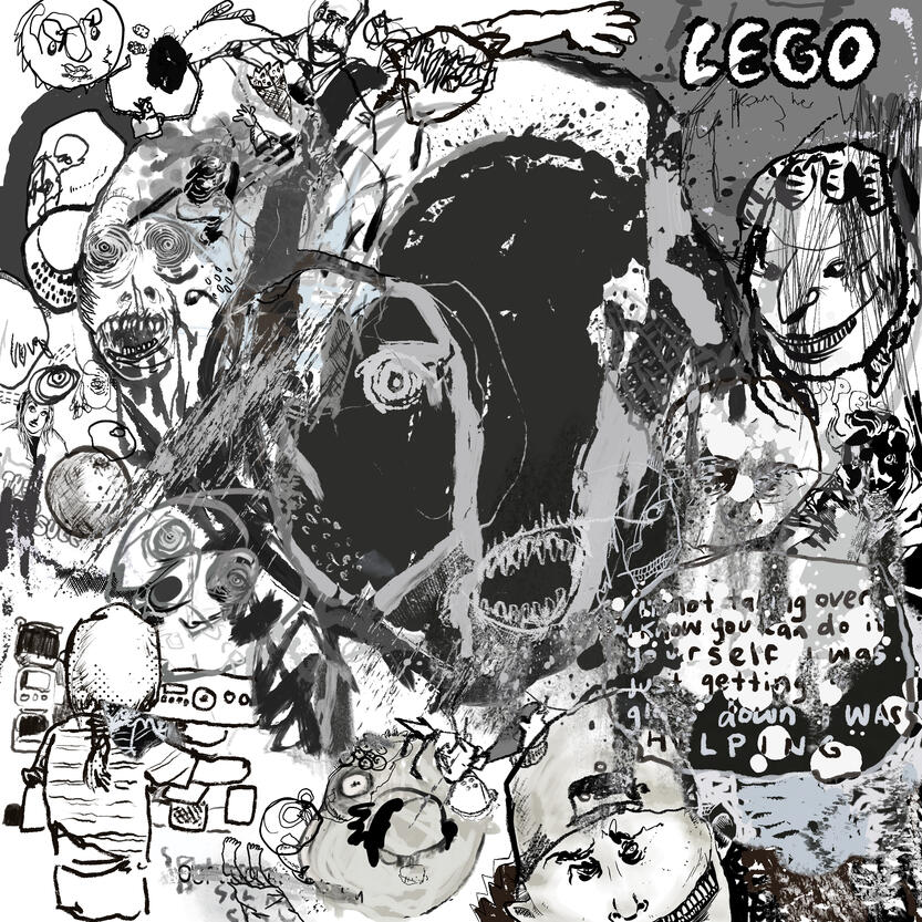 Untitled Monochromatic sketchbook style digital drawing with overlapping figures, abstract shapes, chaotic imagery.