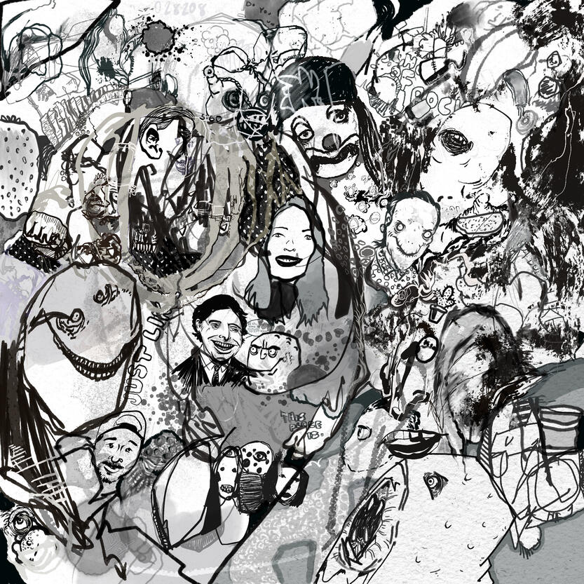 Untitled Monochromatic sketchbook style digital drawing with overlapping figures, abstract shapes, chaotic imagery.