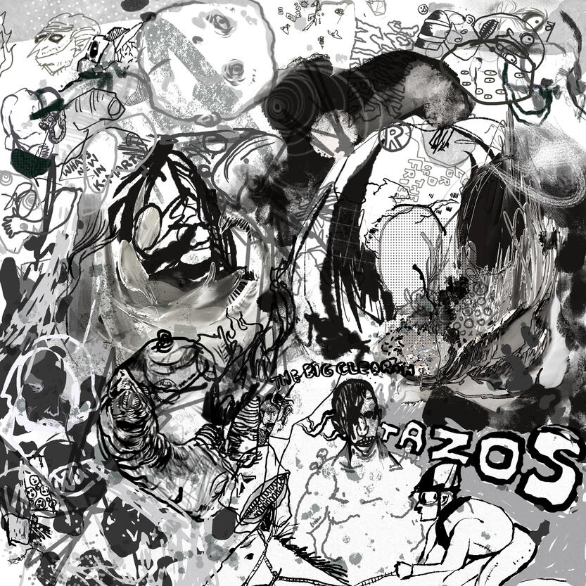 Untitled Monochromatic sketchbook style digital drawing with overlapping figures, abstract shapes, chaotic imagery.