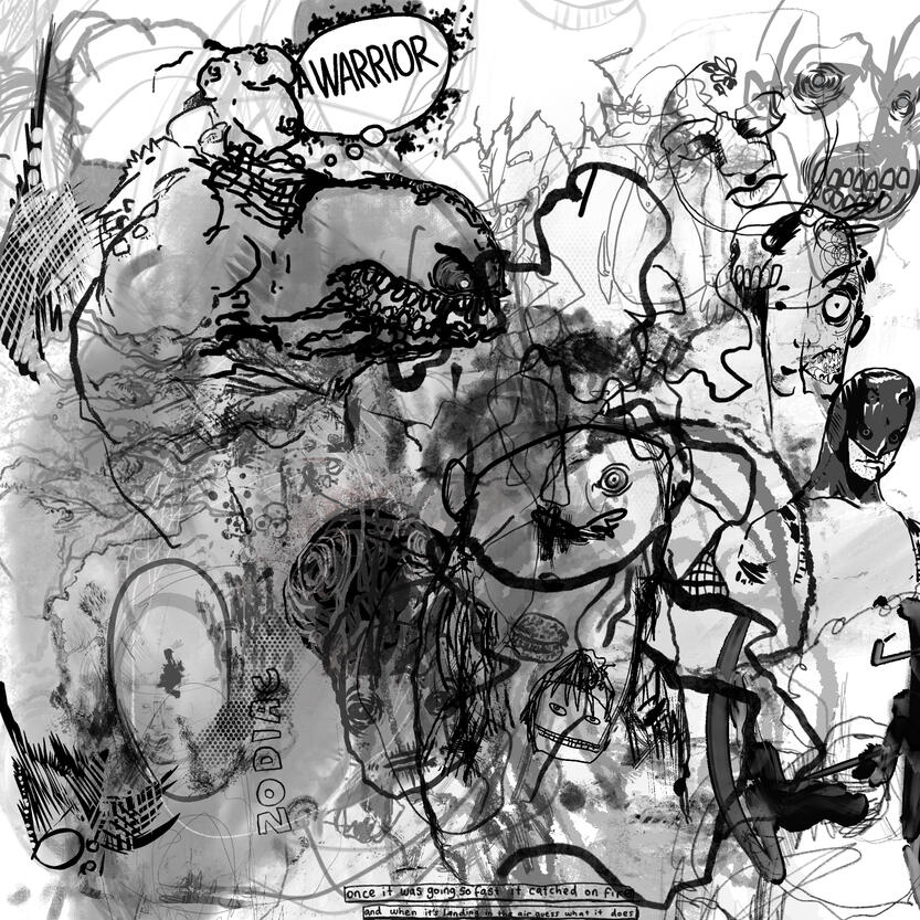 Untitled Monochromatic sketchbook style digital drawing with overlapping figures, abstract shapes, chaotic imagery.