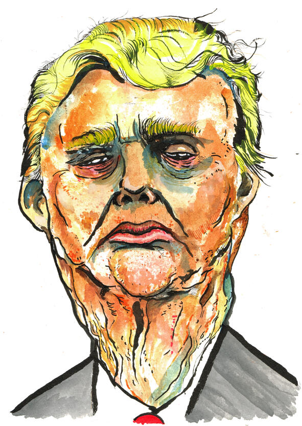 Ink and watercolour caricature of Donald Trump
