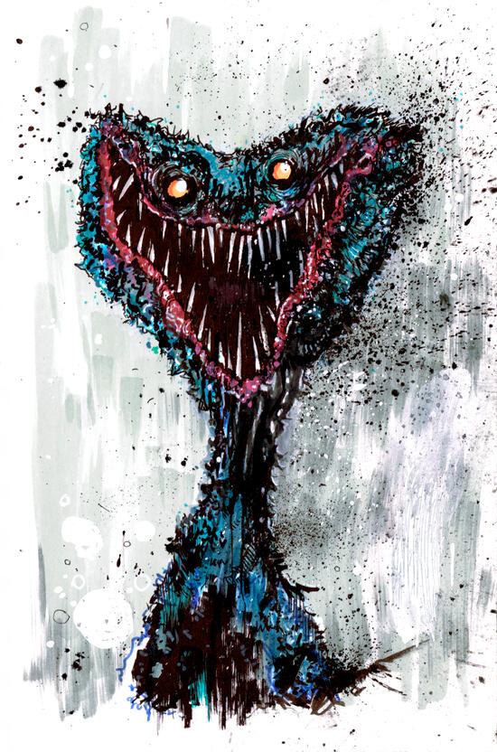 Huggy Wuggy fan art illustration by artist Grant Hunter.
