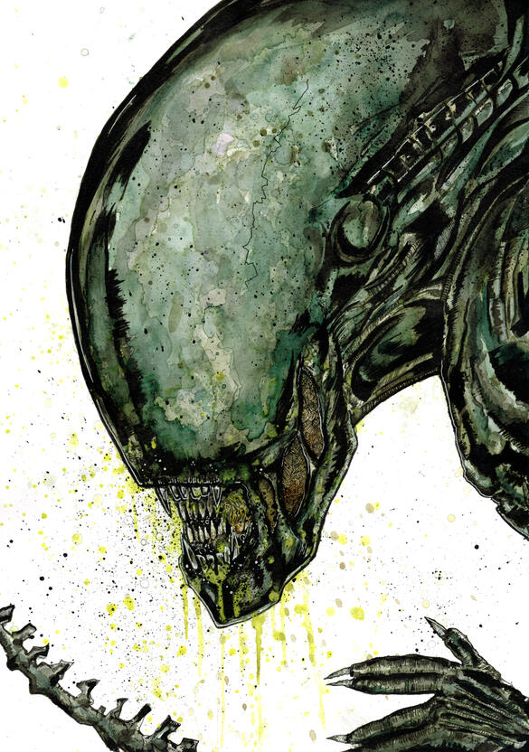 Mixed-Media commission illustration by artist Grant Hunter, featuring Xenomorph from Alien.