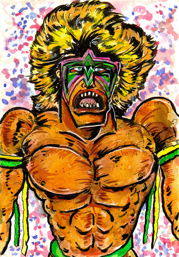 Ink and watercolour on paper, fan art of WWE superstar The Ultimate Warrior.